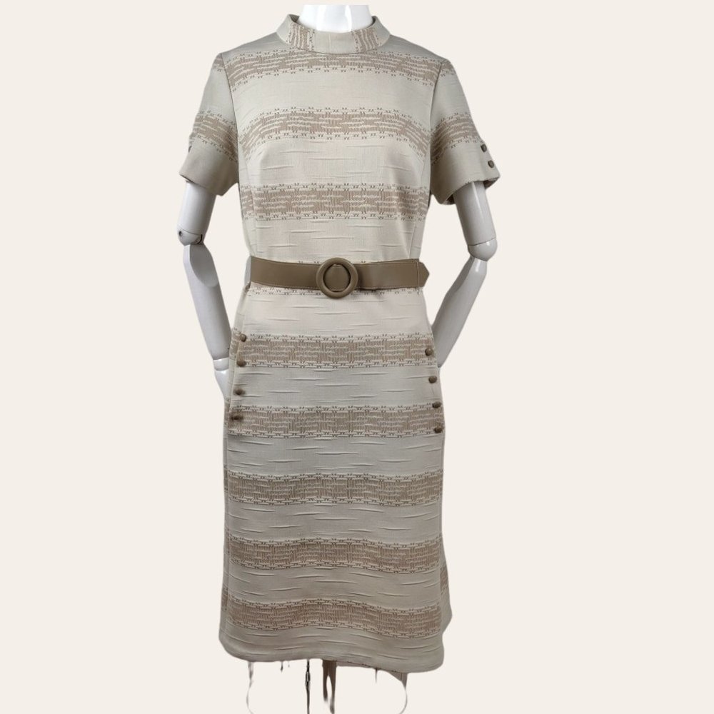 Vintage 1960s Plus MOD Stripe Dress Poly Knit Taupe Sheath Buttons Belt Knee Len